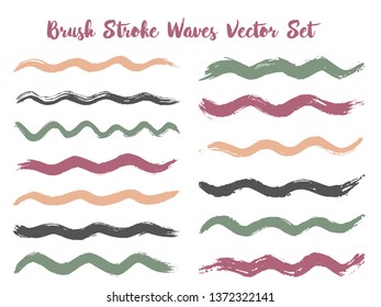Vintage brush stroke waves vector set. Hand drawn khaki green brushstrokes, ink splashes, watercolor splats, hand painted curls. Interior colors guide book swatches. Textured waves, stripes design.