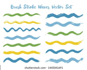 Vintage brush stroke waves vector set. Hand drawn blue green yellow brushstrokes, ink splashes, watercolor splats, hand painted curls. Interior colors scheme elements. Textured waves, stripes design.