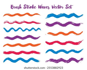 Vintage brush stroke waves vector set. Hand drawn blue red brushstrokes, ink splashes, watercolor splats, hand painted curls. Color combinations catalog elements. Textured waves, stripes design.