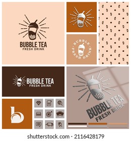 Vintage Bubble Tea Logo With Seamless Pattern And Mockup