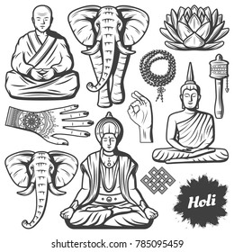 Vintage Buddhism religion elements set with Buddha monk elephant rosary religious beads lotus flower hands Tibetan prayer wheel isolated vector illustration 