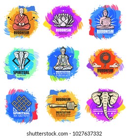 Vintage Buddhism religion emblems set with Buddha monk lotus flower elephant religious rosary beads yoga hand gestures on colorful stains isolated vector illustration