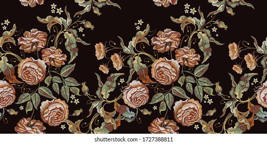 Vintage buds of roses on black background. Embroidery seamless pattern. Fashionable template for design of clothes, t-shirt design, tapestry flowers. Renaissance ornaments style, vector illustration 