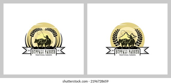 Vintage buffalo farmer logo design, paddy farmer vector illustration