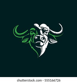 Vintage Buffalo illustration on black background. Vector icon design template for your logo, poster, sportswear etc.  