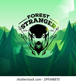 Vintage buffalo labels. Retro vector design graphic element, emblem, logo, sign, identity, logotype, poster. Green forest background.