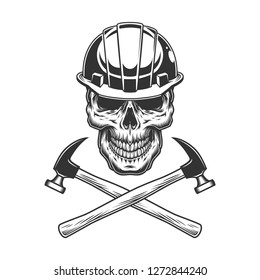 Vintage builder skull with crossed hammers in monochrome style isolated vector illustration