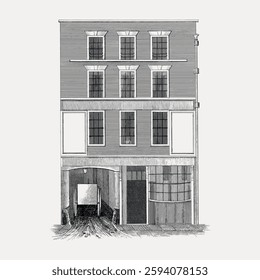 Vintage building illustration, detailed architectural drawing. Historic facade, classic windows, and doors. Elegant, vintage, architectural design. Vintage art illustration, vector.