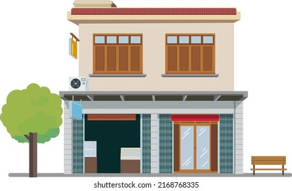 Vintage Building Thai Vector Illustration.Facade Shopping And Street Road.Bangkok City Home Style .Flat Old House Design.Commercial Building Urban