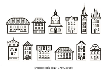 Vintage buildings icons set in linear style. City, town concept