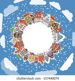 Vintage buildings with snowfall on Winter. Template for a text