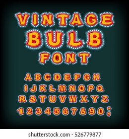 Vintage bulb font. Glowing letters. Retro Alphabet with lamps. Glittering lights pointer lettering
