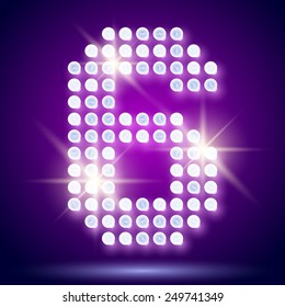 Vintage bulb lamp realistic font of 80s disco with stars. Number 6