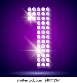 Vintage bulb lamp realistic font of 80s disco with stars. Number 1