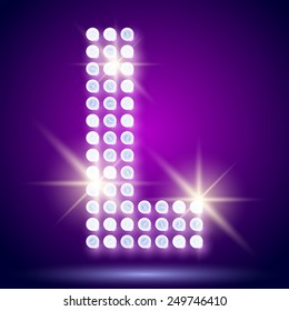 Vintage bulb lamp realistic font of 80s disco with stars. Letter L