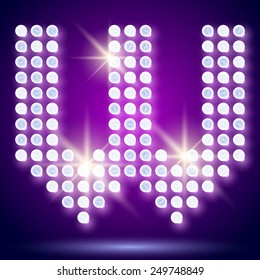 Vintage bulb lamp realistic font of 80s disco with stars. Letter W