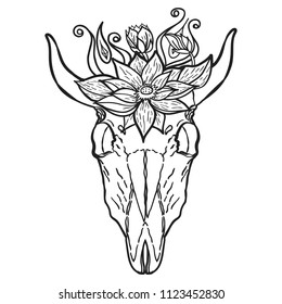 Vintage bull skull with flower on her head monochrome label isolated vector illustration