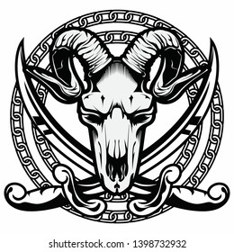 Vintage Bull skull head with crossed sword suitable for t-shirt
