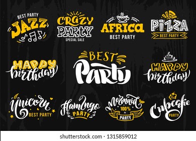 VECTOR del mejor logotipo de la parte escrito a mano: jazz, fiesta de locos, venta de locos, África, cumpleaños feliz, cupcace, fiesta de pizza, sirena, unicornio, flamingo. Logotipos para banner, afiche, postal, sitio web. 