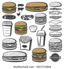 Vintage burger elements set with hamburger sandwich french fries soda bun salad meat cheese tomato cucumber onion ingredients isolated vector illustration 