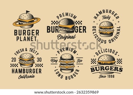 Vintage Burger, hamburger logo set. Retro halftone design. Burger house, Cafe, Restaurant, Fast Food Logo template. Vector illustration