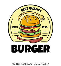 Vintage Burger Logo with Fork and Table Knife. Hand Made Fast Food Logo in Doodle Style