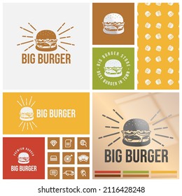 vintage burger logo with seamless pattern and mockup