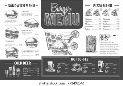 Vintage burger menu design. Fast food menu