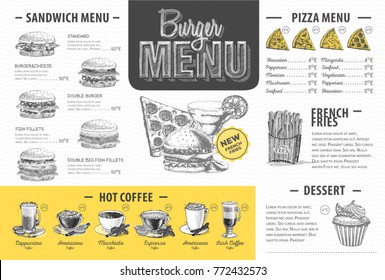 Vintage burger menu design. Fast food menu