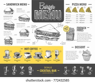 Vintage burger menu design. Fast food menu