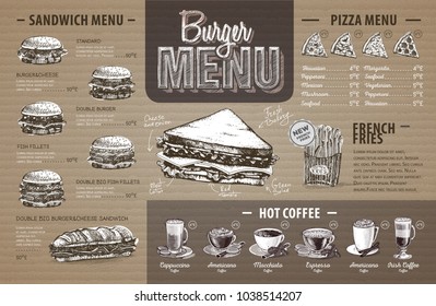 Vintage  burger menu design on cardboard. Fast food menu