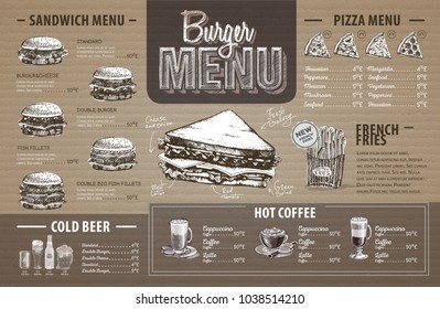 Vintage  burger menu design on cardboard. Fast food menu