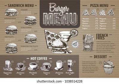 Vintage  burger menu design on cardboard. Fast food menu