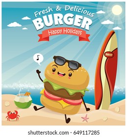 Vintage burger poster beach design with burger character.