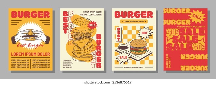 Vintage Burger Poster Collection with Classic Artwork, and Eye-Catching Colors celebrating mouthwatering burgers in retro style.