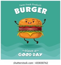 Vintage burger poster design set with vector burger character. 