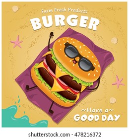 Vintage burger poster design set with vector burger character. 