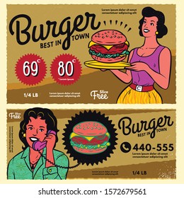 Vintage burger poster menu sign banner. Retro template design menu restaurant or diner