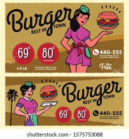 Vintage burger poster menu sign banner. Retro template design menu restaurant or diner