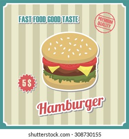 Vintage burger poster with price tag, retro style