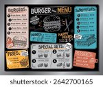 Vintage burger restaurant menu template - A4 or A3 table card (burgers, sandwiches, french fries, desserts, drinks, sets)