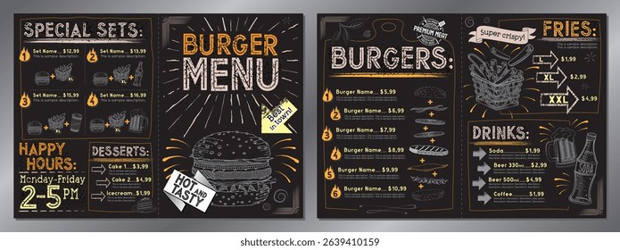 Vintage burger restaurant menu template - A4 card (burgers, french fries, desserts, drinks, sets)
