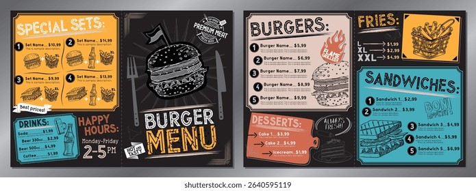 Vintage burger restaurant menu template - A4 card (burgers, sandwiches, french fries, desserts, drinks, sets)