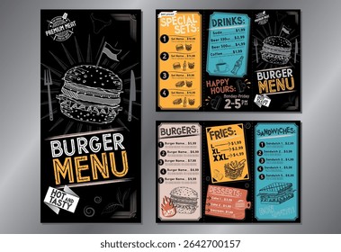 Vintage burger restaurant menu template - A4 do DL folded leaflet (burgers, sandwiches, french fries, desserts, drinks, sets)