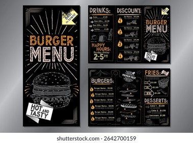 Vintage burger restaurant menu template - A4 do DL folded leaflet (burgers, french fries, desserts, drinks, sets)