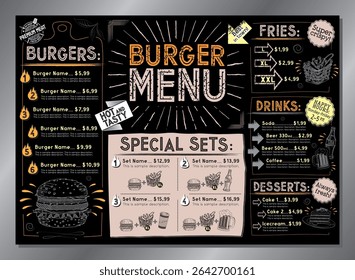 Vintage burger restaurant menu template - A4 or A3 table card (burgers, french fries, desserts, drinks, sets)