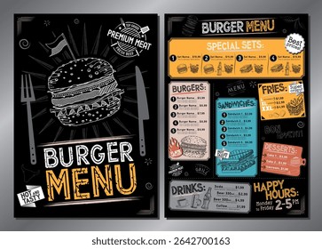 Vintage burger restaurant menu template - single A4 card (burgers, sandwiches, french fries, desserts, drinks, sets)
