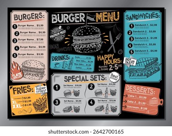 Vintage burger restaurant menu template - A4 or A3 table card (burgers, sandwiches, french fries, desserts, drinks, sets)