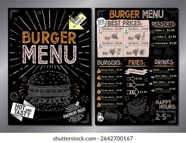 Vintage burger restaurant menu template - single A4 card (burgers, french fries, desserts, drinks, sets)