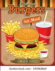 Vintage Burgers with fries and drink set poster design